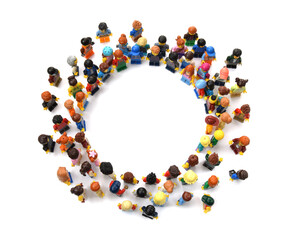 Obraz premium Many lego minifigures in challenge group in circle top view or above isolated on white. Editorial illustrative image of popular children plastic constructor with studs.