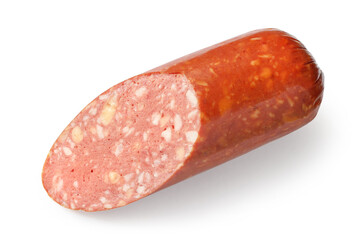 Cut smoked sausage with cheese filling. Smoked sausage on a white background.