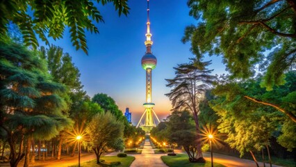 Scenic Urban View of Greenery Surrounding Television Tower at Dusk
