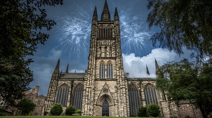 Obraz premium Gothic Church at Night: Fireworks Display Over Stone Facade AI Generated