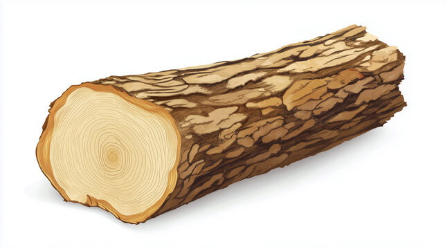 A high-angle, close-up shot of a sectioned log against a pure white background. The log showcases a detailed view of its cross-section, revealing concentric growth rings and a light-colored interior