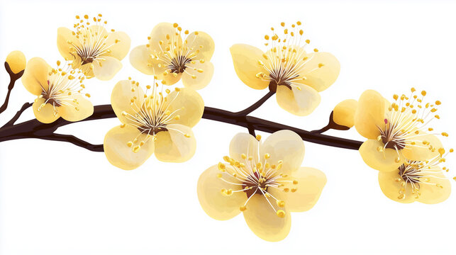 Close-up macro photograph of a branch featuring multiple pale yellow blossoms. The flowers exhibit a soft, watercolor-like texture with subtle variations in shading.  The branch is dark brown,
