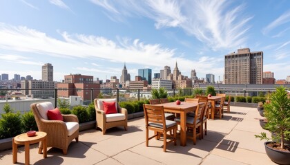 Rooftop terrace with outdoor seating overlooking skyline, urban living