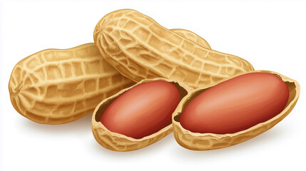 A digital illustration showcases three peanuts; two whole peanuts in their shells, and one opened revealing two reddish-brown kernels inside. The shells exhibit a detailed, textured surface, with a