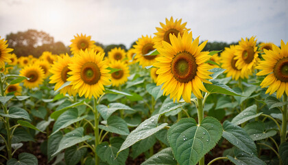 Fototapeta premium Vibrant sunflowers glistening after rain in lush rural landscape, nature's beauty