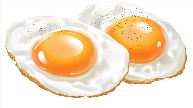 A digital illustration depicting two fried eggs.  The eggs are presented from a slightly elevated angle, showcasing the cooked egg whites with a slightly irregular, slightly crispy texture. The yolks