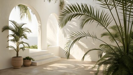 Mediterranean interior, white arched doorway, potted palm plants, tropical foliage, minimalist decor, shadow play, terracotta pot, natural light, architectural details, zen atmosphere