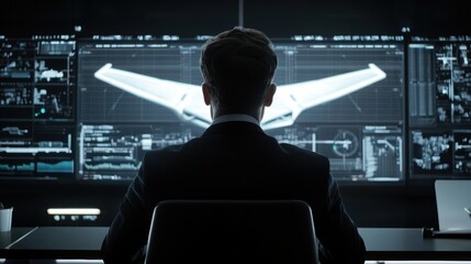 Fototapeta premium A person in a suit sits in front of large screens displaying complex data and a sleek aircraft design, suggesting a high-tech work environment.