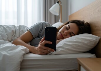 Woman asleep holding phone soft warm light. AI Generated