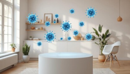 Minimalist product display podium with floating holographic virus models in a modern home setting