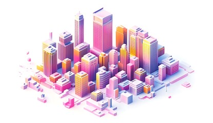 3D rendering of a cityscape made from pastel pink, purple, and yellow blocks