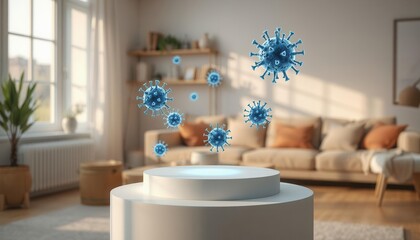Minimalist product display podium with floating holographic virus models in a modern home setting