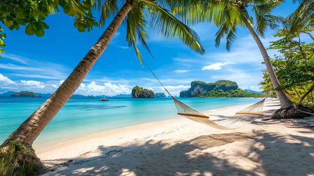 tropical beach with hammocks and palm trees