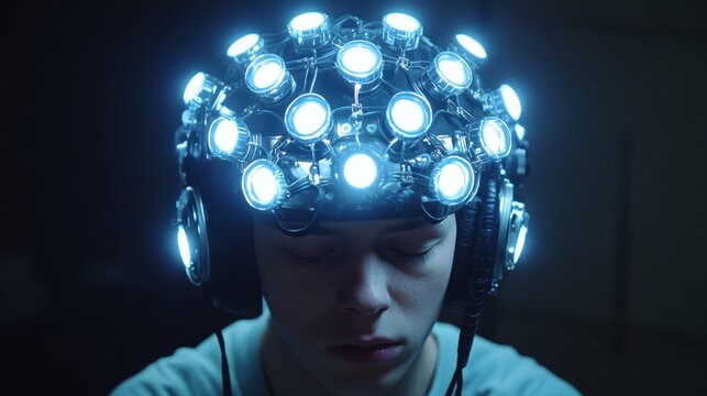 A person using a mind-control device to make people buy their product.