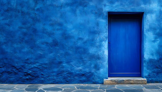 A vibrant blue door stands out against a textured blue wall, creating a captivating contrast.