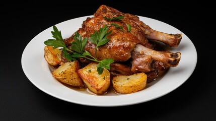 A delicious plate of roasted meat with potatoes and garnished with fresh herbs on a white dish against a dark background.