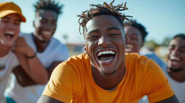A candid shot of a young man laughing as his friends hype him up to show off his dance moves 