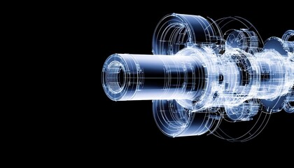 A futuristic, transparent 3D rendering of a mechanical component against a dark background, showcasing intricate details and engineering design.
