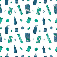 Vector seamless pattern medical items, and preparations. Healthcare and Medicine Symbols Design Element Background.