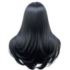 Fototapeta premium Beautiful woman with long black hair draping elegantly over her shoulders in a soft and dreamy setting white isolate background