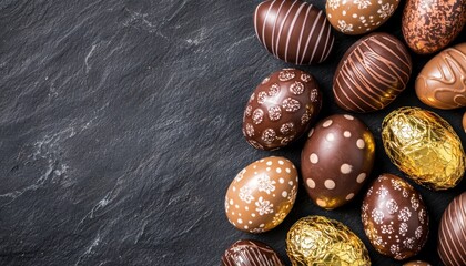 Obraz premium A variety of beautifully decorated chocolate eggs displayed on a textured surface, perfect for Easter celebrations and festive treats.