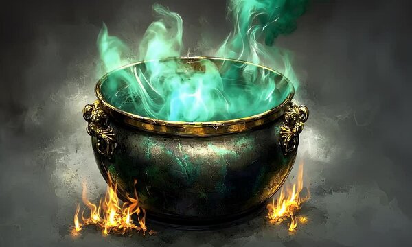 Green vapors rise from an ornate cauldron sitting atop flickering flames in a dark, moody environment