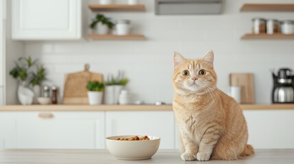 A cute orange cat sits on a kitchen counter next to a bowl of food, surrounded by green plants and a clean, modern kitchen setting.