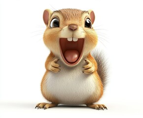 Fototapeta premium A of 3D cute happy mouth open cartoon squirrel, isolated on white background