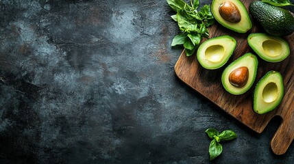 Fresh avocados sliced on a wooden cutting board with a rustic background.