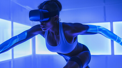 In the realm of virtual reality, exercise takes on a new intensity, highlighted by the passionate blue of digital determination