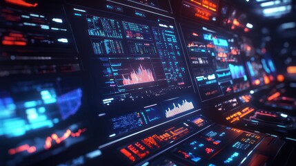 Futuristic digital dashboards with glowing graphs and charts. Multiple screens display data and information, creating a dynamic and advanced user interface.
