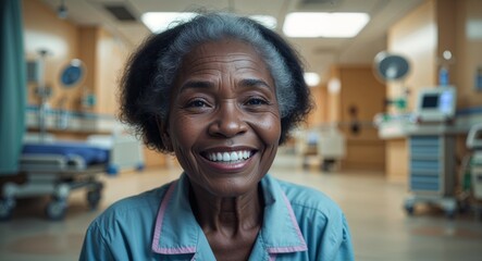 Fototapeta premium black African elderly girl in inside hospital background happy smiling with white teeth portrait beauty concept model