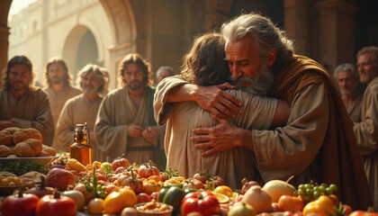 Fototapeta premium Father embraces son return home. Scene from bible parable. Reunion, forgiveness. Joyful celebration family. Lavish feast table. People gather, celebrate homecoming. Food, produce, vegetables, fruits,