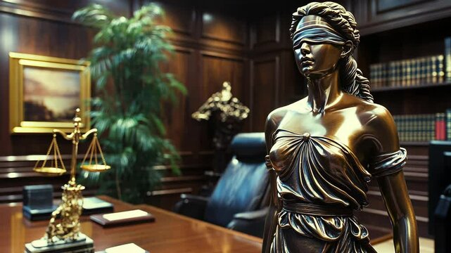 Blindfolded Lady Justice bronze statue in a luxurious law office with books and classic decor.	
