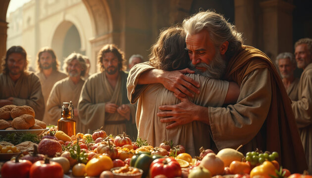 Father embraces son return home. Scene from bible parable. Reunion, forgiveness. Joyful celebration family. Lavish feast table. People gather, celebrate homecoming. Food, produce, vegetables, fruits,