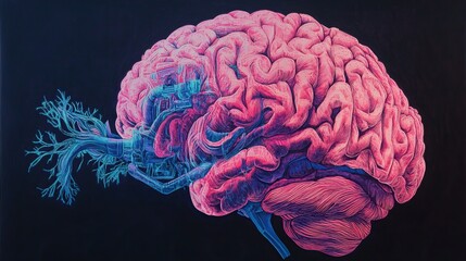 Intricate drawing of a human brain in neon pink and blue, contrasted by a dark, moody background.