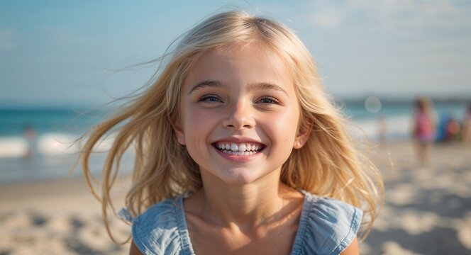 blonde child girl in beach summer background happy smiling with white teeth portrait beauty concept model