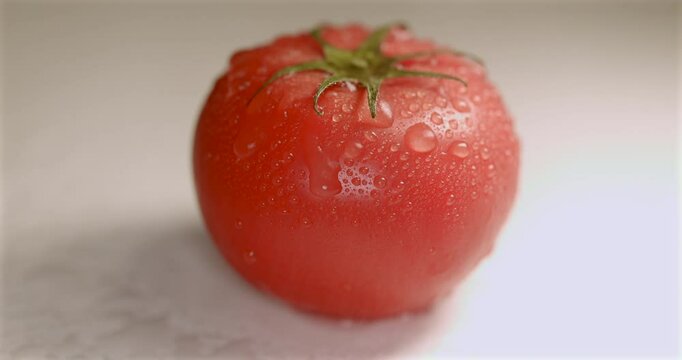 Fresh Tomato Being Washed with Water in Close-Up	