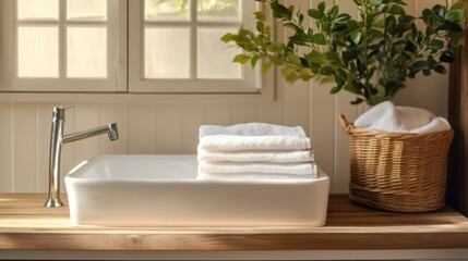Elegant Bathroom Sink with Fresh Towels and Natural Light in Cozy Contemporary Setting