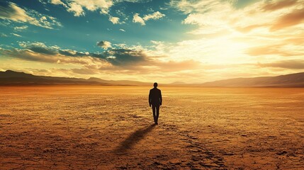 Obraz premium A person walking through a barren landscape, symbolizing a lack of hope and positivity.