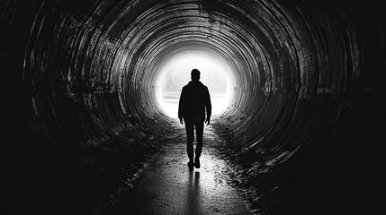 A person walking through a dark tunnel, with no light in sight, symbolizing a lack of hope.