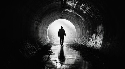 A person walking through a dark tunnel, with no light in sight, symbolizing a lack of hope.