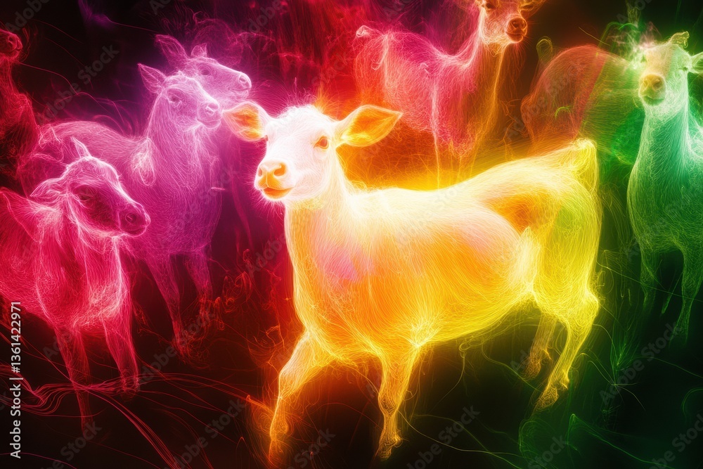 Poster surreal abstract depiction of glowing farm animals in dreamlike setting with vibrant energy and smoo