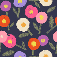Vibrant floral design. Chalk and ink texture. Seamless pattern.