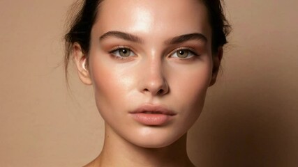 Close-up portrait of a woman with natural makeup, soft lighting, and neutral background, resembling a beauty video tutorial style.