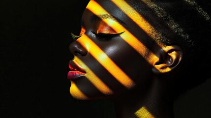 A stunning profile of a woman with vibrant makeup, illuminated by bold shadows of bright yellow and orange stripes.