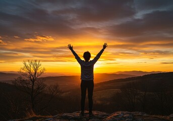 Fototapeta premium Silhouetted person with raised arms at sunset on hilltop.