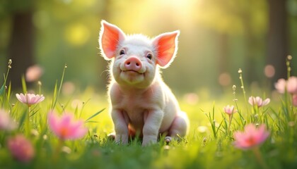 Cute baby pig sits in grass smiling. Pink flowers, green grass, spring sun shines on the piglet. Concept of new life, easter holidays, farm animal, wildlife, spring season, eco life.