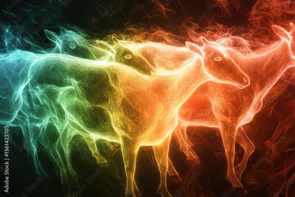 Aufkleber Surreal abstract composition featuring farm animals illuminated by glowing energy and smooth gradients in a dreamlike atmosphere Generative AI