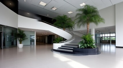 Modern office interior with spiral staircase and plants